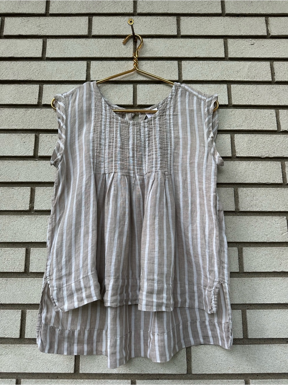 Landsā End Striped Linen Pintuck Pleated Ruffle Sleeve Tunic Top 4P Petite